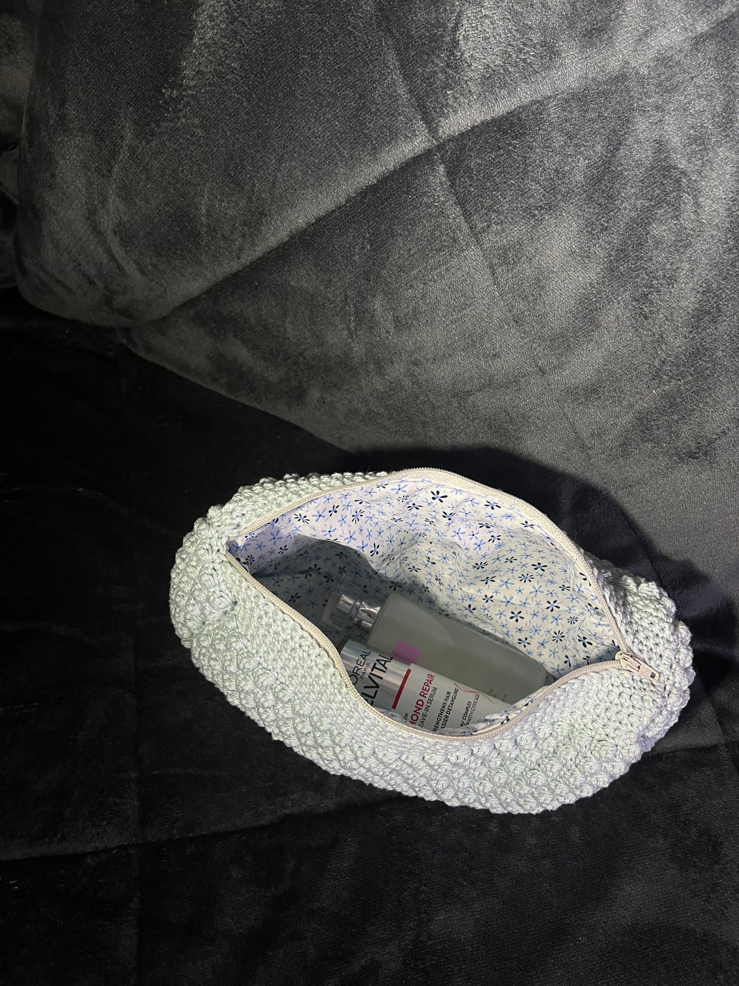 Handmade Ice Blue Crochet Toiletry Bag – Medium